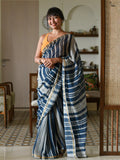 Blue-Off White Striped Cotton Blend Saree