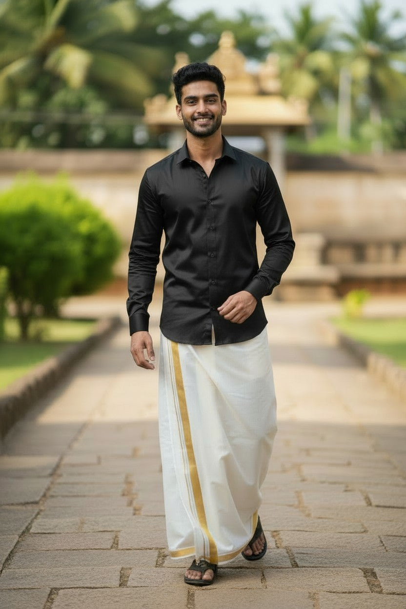 Southloom Kerala Pure Cotton Double Mundu with Gold Kasavu Border