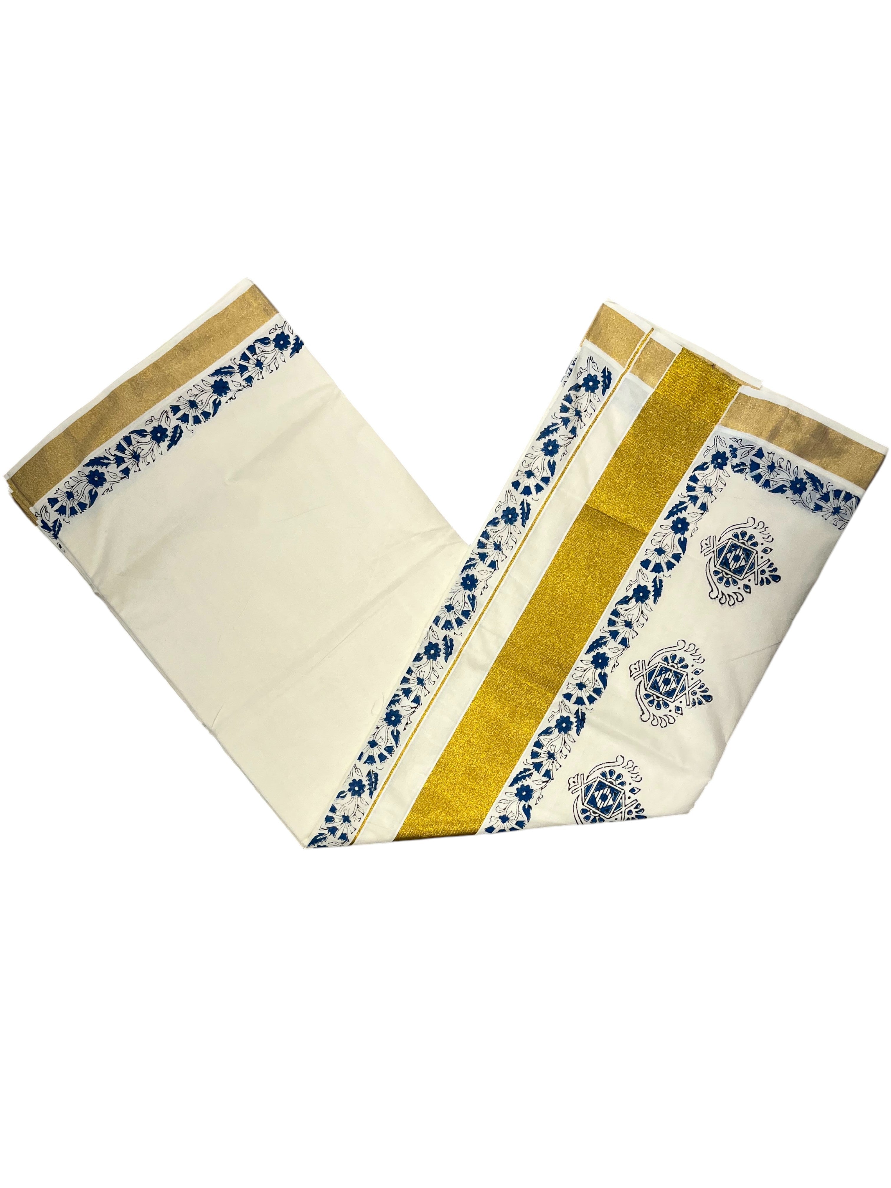 Southloom Saffron Kaavi Navy Printed Single Mundu Lungi