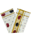 Southloom Cotton Kerala Kasavu Saree with Lotus Block Prints in Black and Maroon