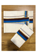 Kerala Cotton Kasavu Set Mundu with Brown and Blue Border (2.80 Mtrs)