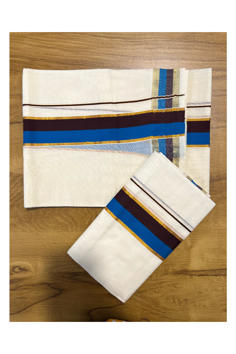 Kerala Cotton Kasavu Set Mundu with Brown and Blue Border (2.80 Mtrs)