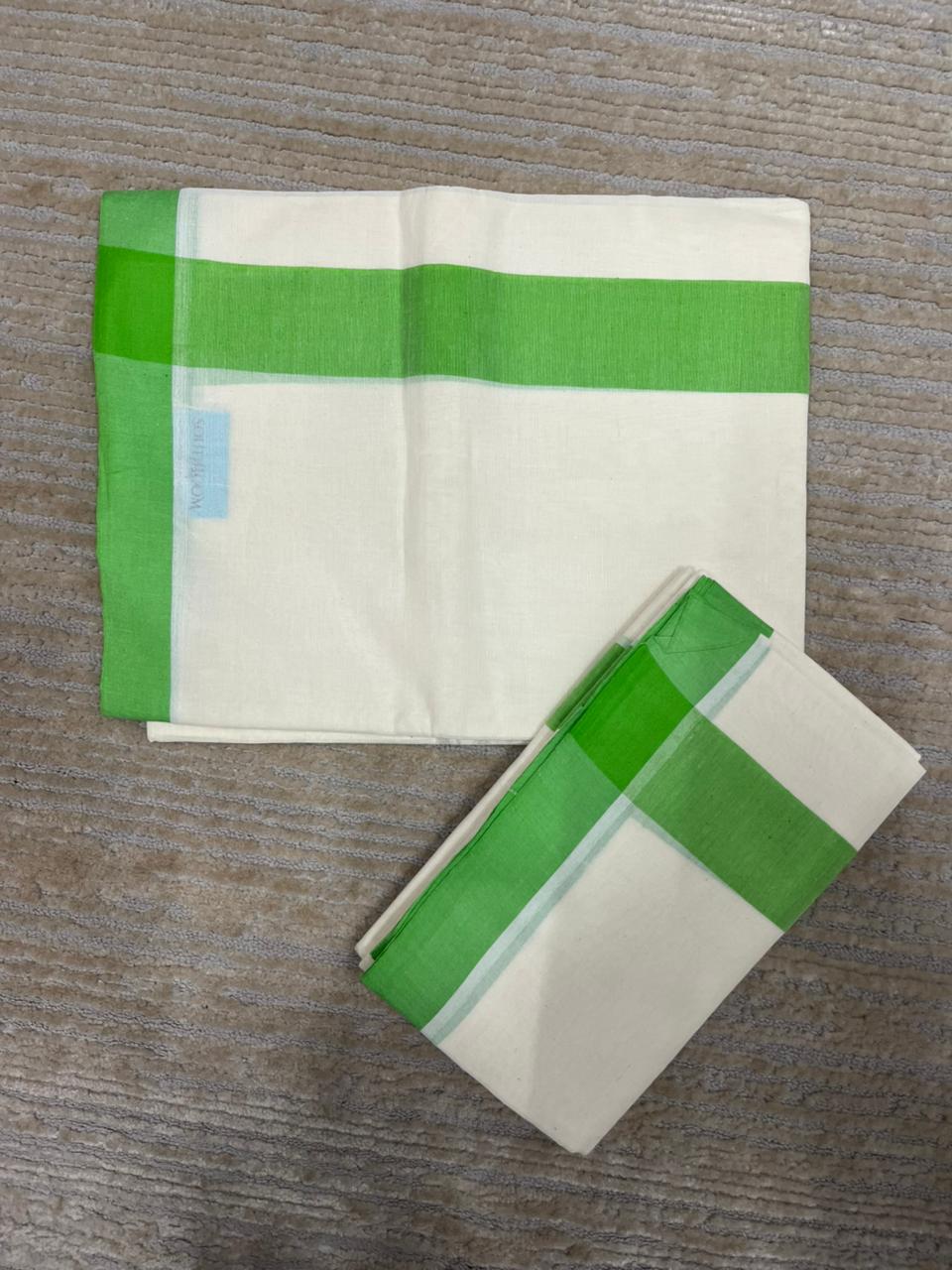 Southloom Pure Cotton Kerala Single Mulloth Set Mundu Green Border (2.80 mtrs) SL270