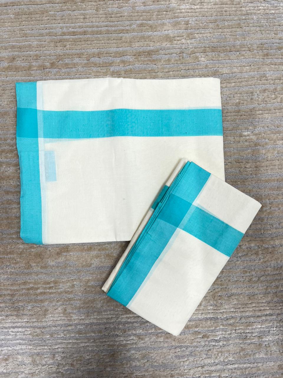 Southloom Pure Cotton Kerala Single Mulloth Set Mundu Turquoise Border (2.80 mtrs) SL270