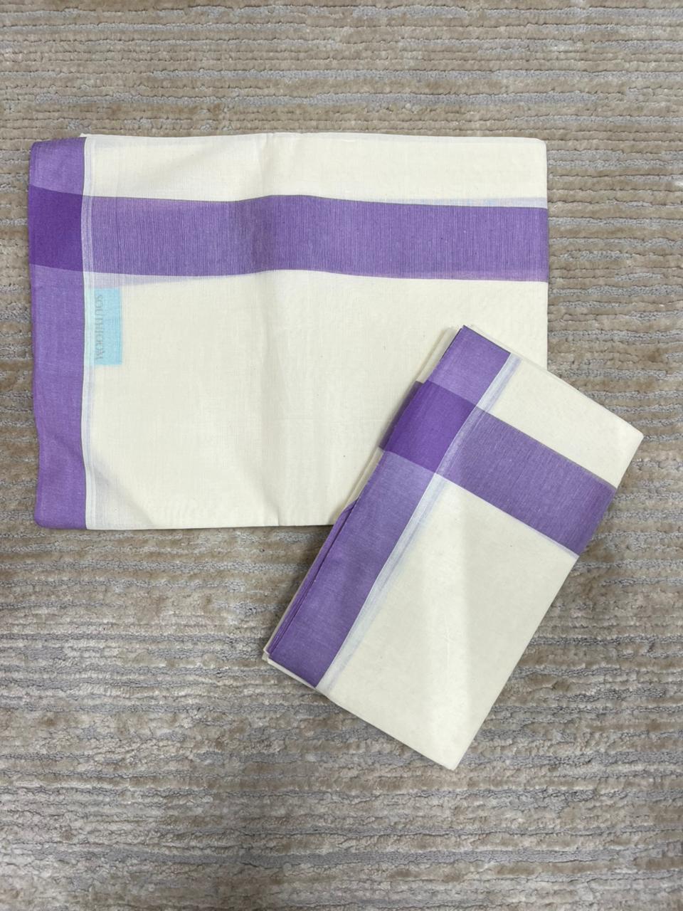Southloom Pure Cotton Kerala Single Mulloth Set Mundu Lavender Border (2.80 mtrs) SL270