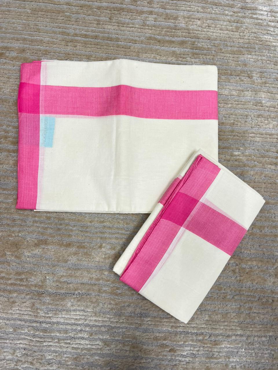 Southloom Pure Cotton Kerala Single Mulloth Set Mundu Pink Border (2.80 mtrs) SL270