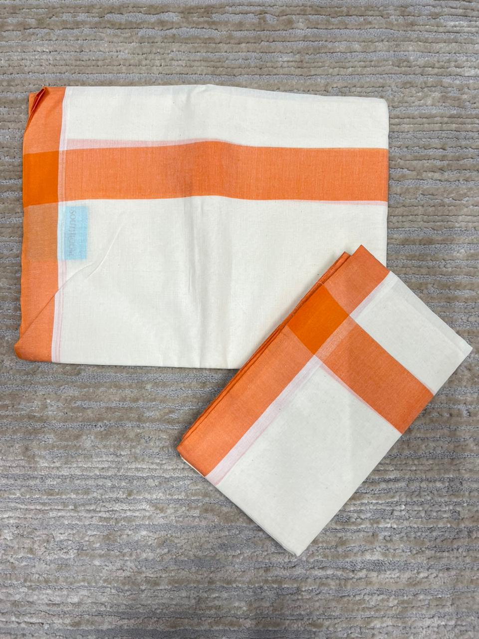 Southloom Pure Cotton Kerala Single Mulloth Set Mundu Orange Border (2.80 mtrs) SL270