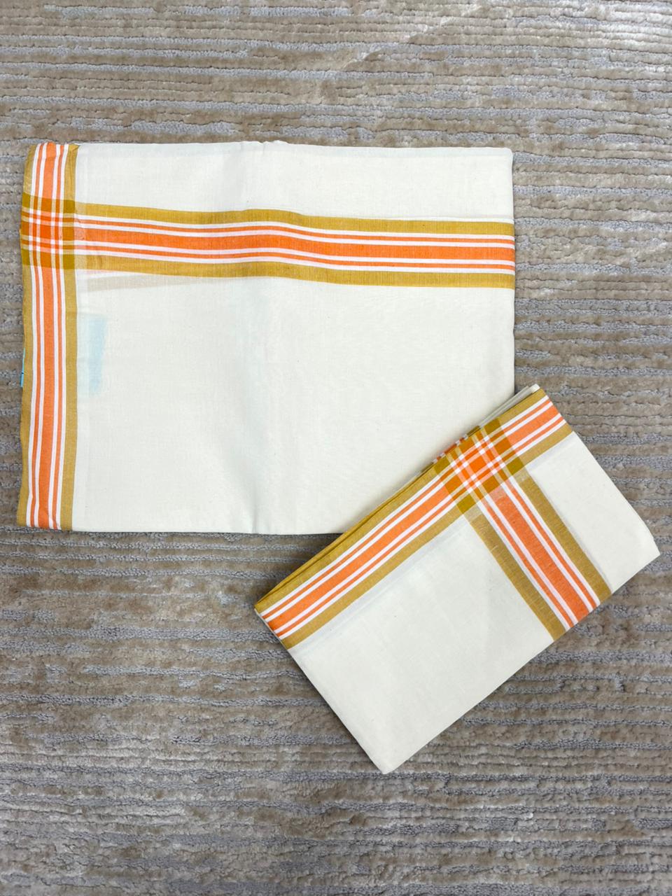 Southloom Pure Cotton Kerala Single Mulloth Set Mundu Orange And Mustard Yellow Border (2.80 mtrs) SL243