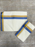Southloom Pure Cotton Kerala Single Mulloth Set Mundu Blue And Mustard Yellow Border (2.80 mtrs) SL243