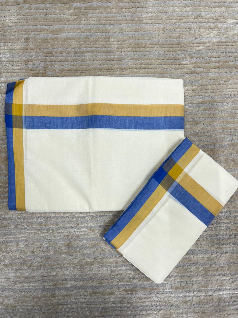 Southloom Pure Cotton Kerala Single Mulloth Set Mundu Blue And Mustard Yellow Border (2.80 mtrs) SL243