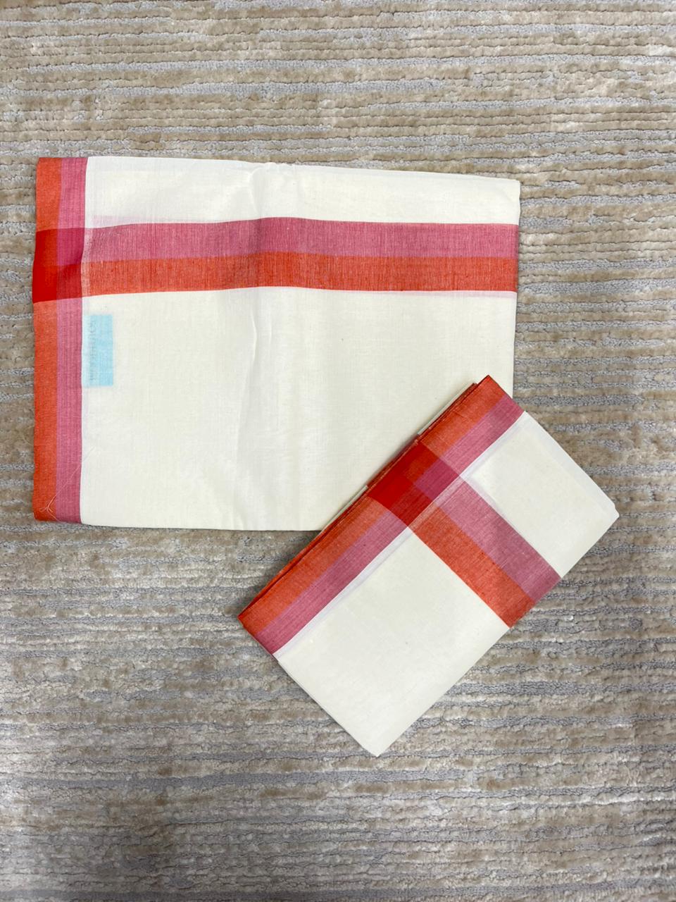 Southloom Pure Cotton Kerala Single Mulloth Set Mundu Peach And Orange Border (2.80 mtrs) SL243