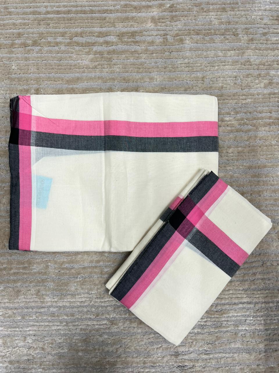 Southloom Pure Cotton Kerala Single Mulloth Set Mundu Pink And Black Border (2.80 mtrs) SL243