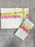 Southloom Pure Cotton Kerala Single Floral Print Set Mundu Pink Border (2.80 mtrs) SL245