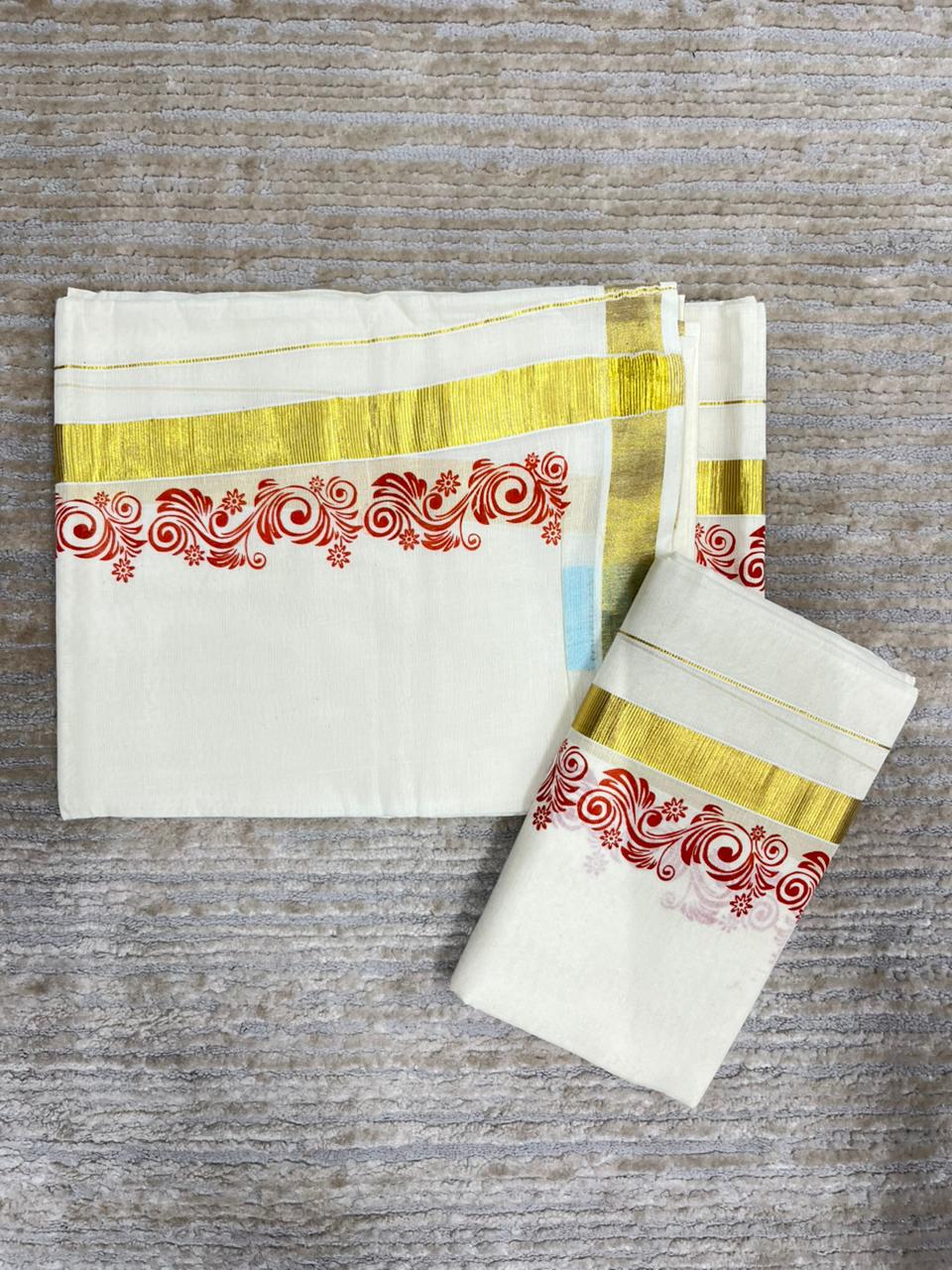 Southloom Pure Cotton Kerala Single Floral Print Set Mundu Orange Border (2.80 mtrs) SL245