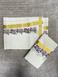 Southloom Pure Cotton Kerala Single Floral Print Set Mundu Violet Border (2.80 mtrs) SL245