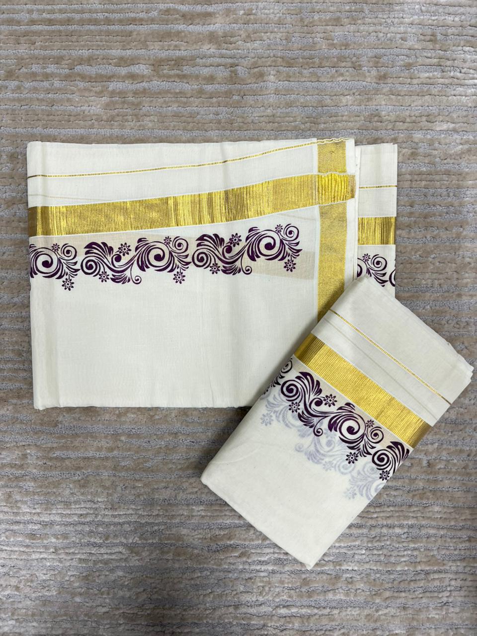 Southloom Pure Cotton Kerala Single Floral Print Set Mundu Violet Border (2.80 mtrs) SL245