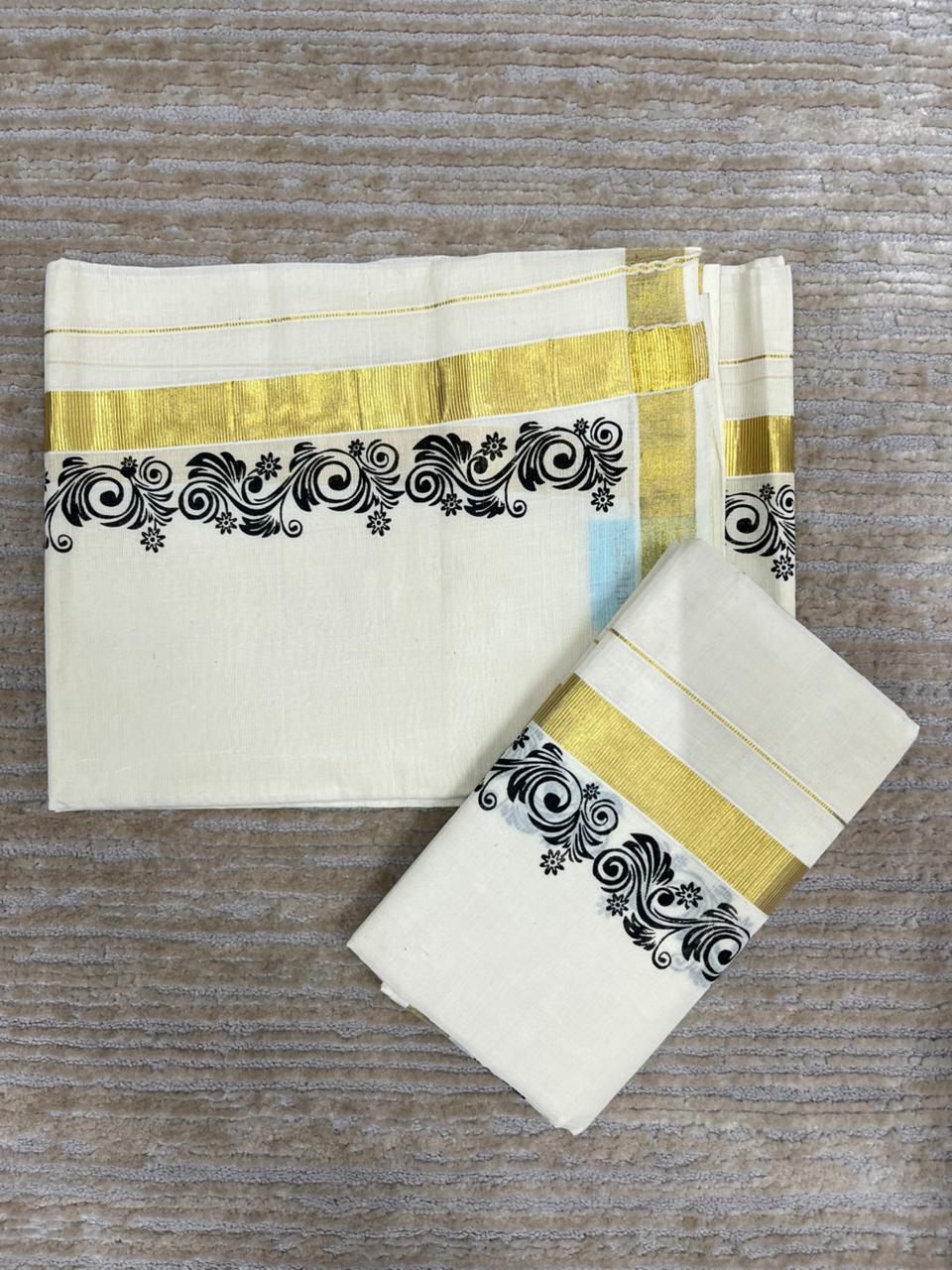 Southloom Pure Cotton Kerala Single Floral Print Set Mundu Black Border (2.80 mtrs) SL245