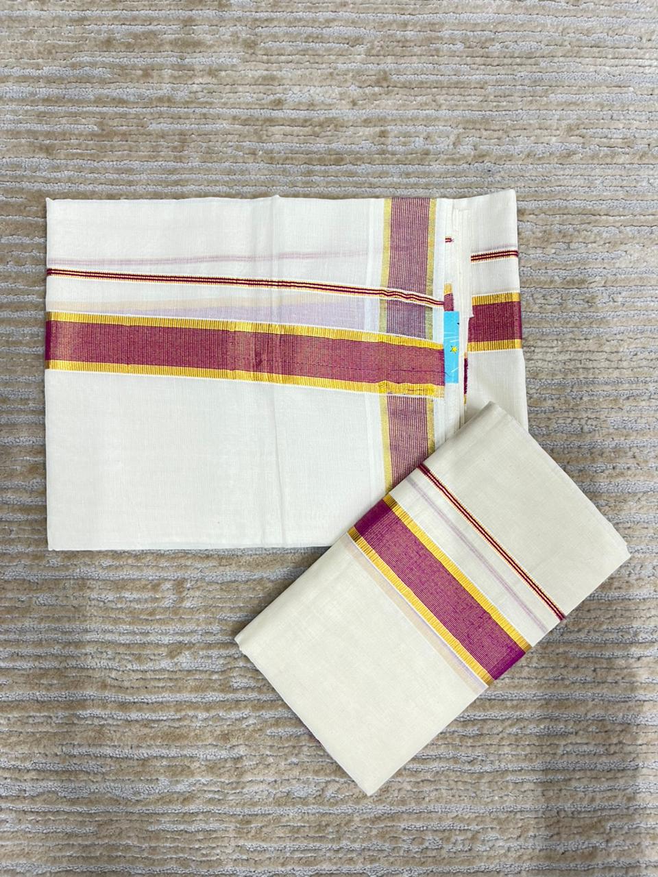 Southloom Pure Cotton Kerala Kasavu Set Mundu Gold Kasavu Magenta Border (2.80 Mtrs)