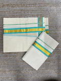 Southloom Pure Cotton Kerala Kasavu Set Mundu Gold Kasavu Turquoise Border (2.80 Mtrs)