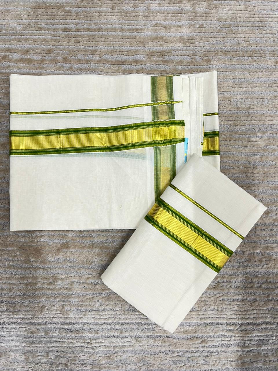 Southloom Pure Cotton Kerala Kasavu Set Mundu Gold Kasavu Green Border (2.80 Mtrs)