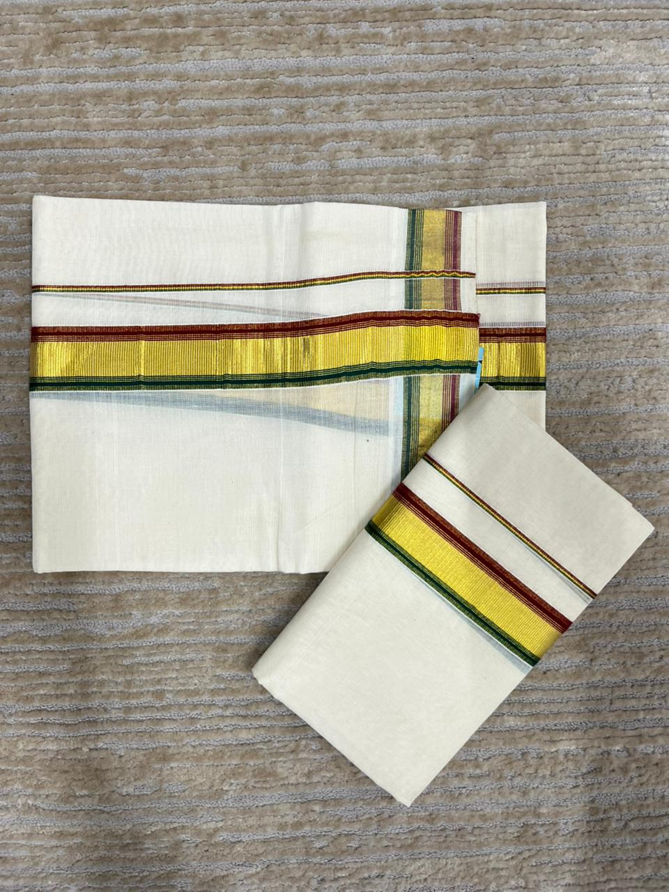 Southloom Pure Cotton Kerala Kasavu Set Mundu Gold Kasavu Green And Red Border (2.80 Mtrs)