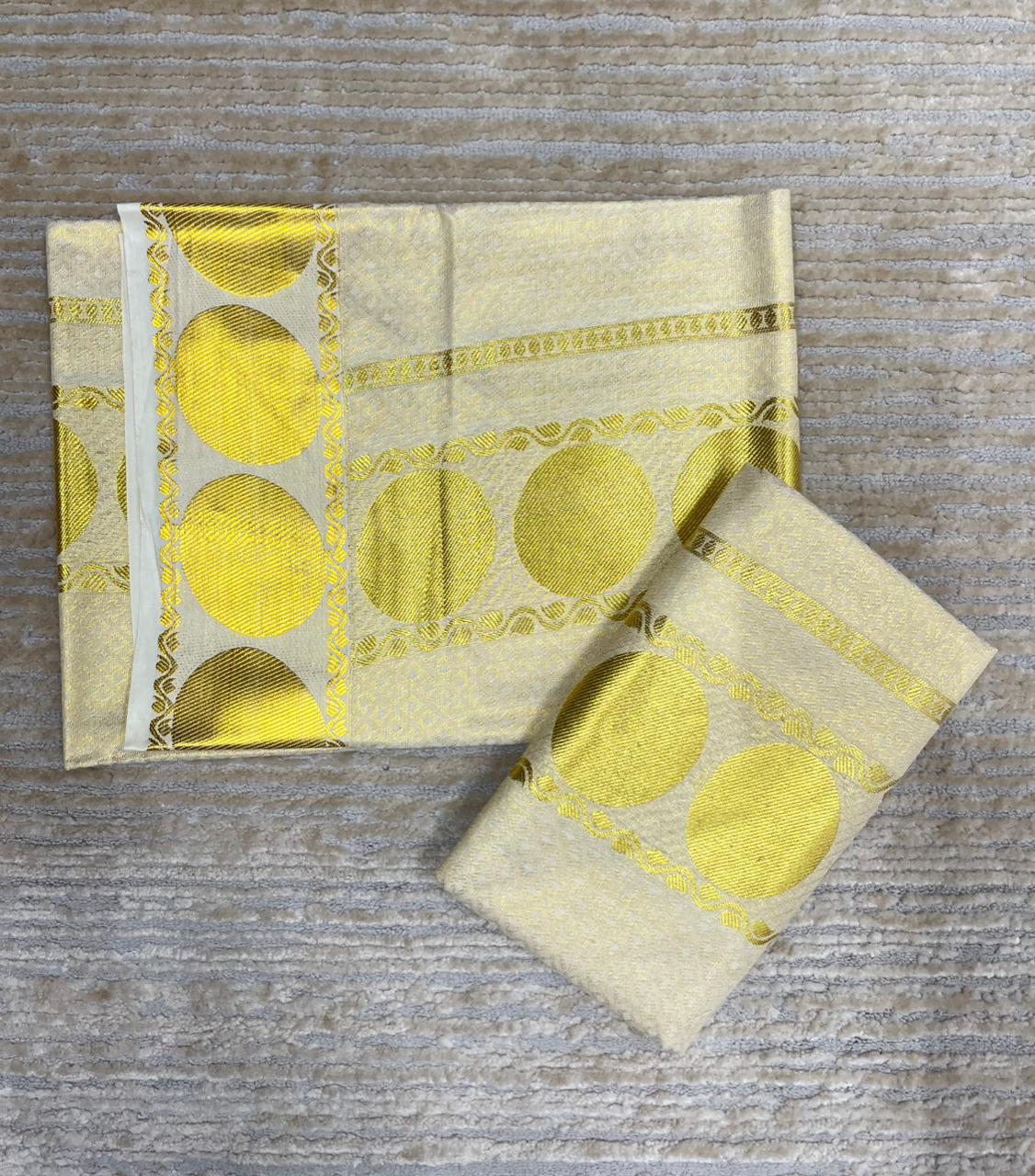 Kerala Tissue Single Set Mundu with Gold Big Polka Design (2.80 Mtrs)