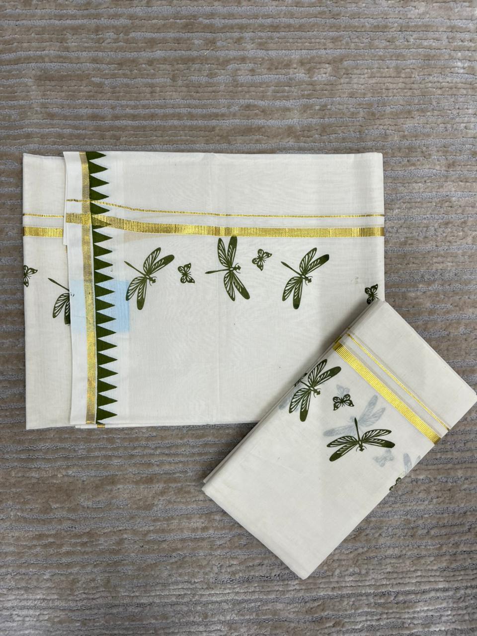 Southloom Kerala Cotton Set Mundu with Olive Green Thumbi Block Printed Design (2.80 Mtrs)