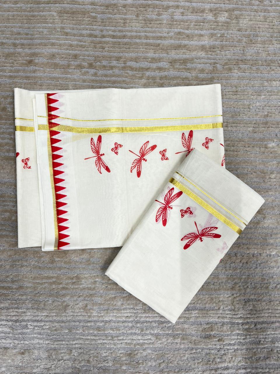 Southloom Kerala Cotton Set Mundu with Red Thumbi Block Printed Design (2.80 Mtrs) SL151