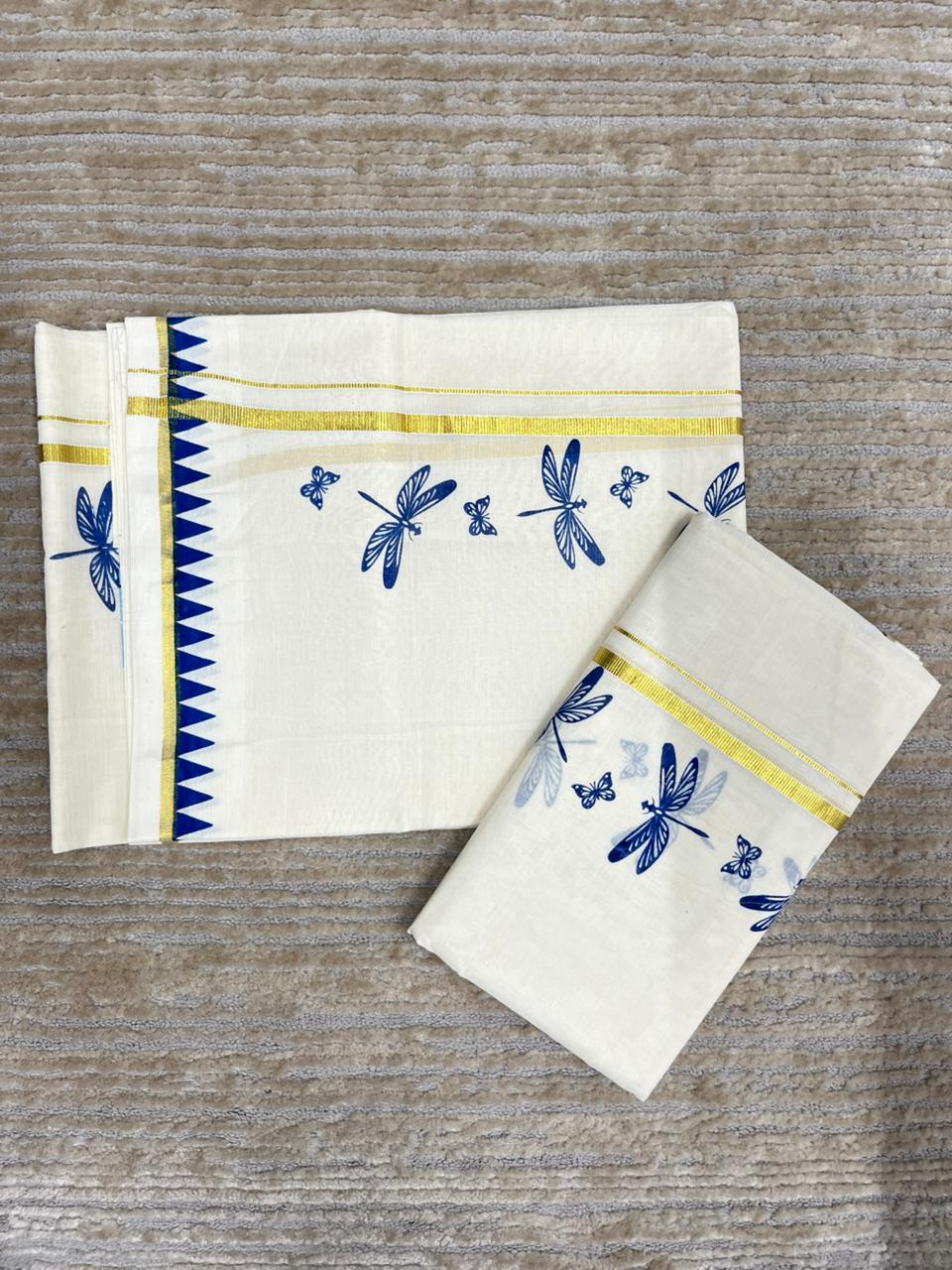 Southloom Kerala Cotton Set Mundu with Blue Thumbi Block Printed Design (2.80 Mtrs)