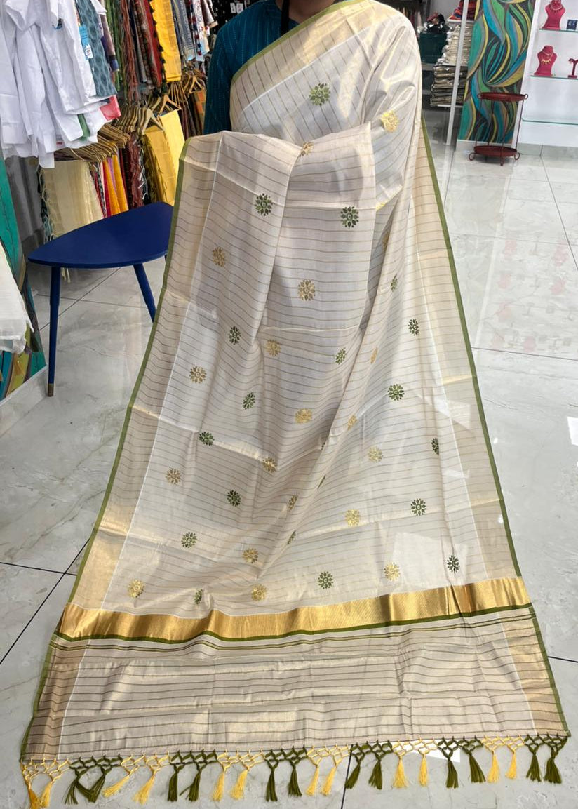 Kerala Tissue Lines Saree With Floral Embroidery Work on The Body SL312 Style 2