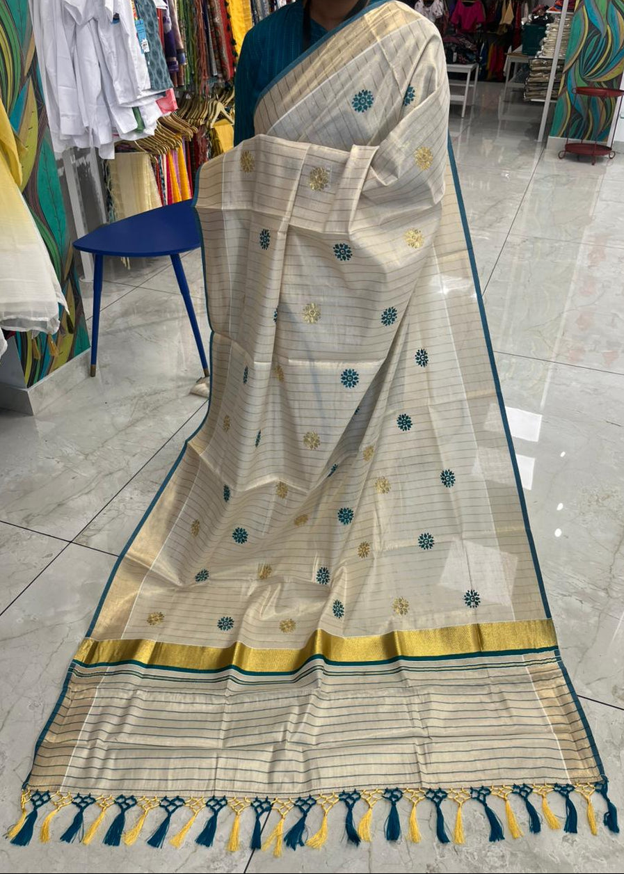 Kerala Tissue Lines Saree With Floral Embroidery Work on The Body SL312 Style 1