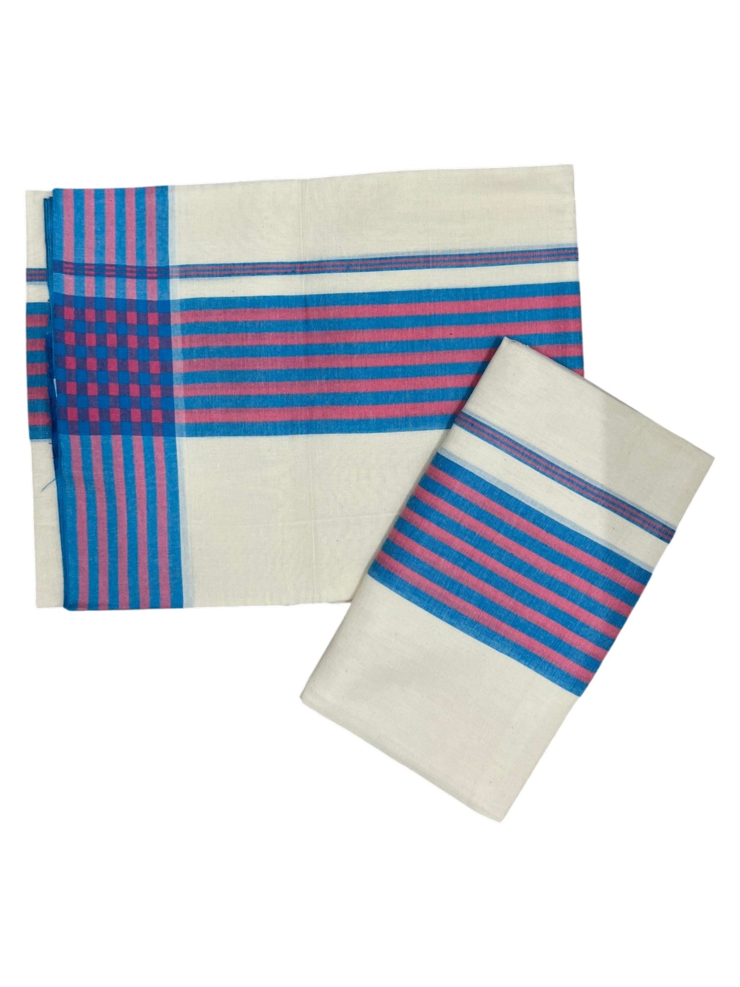 Southloom Pure Cotton Kerala Single Mulloth Set Mundu Blue And Pink Border (2.80 Mtrs) SL243