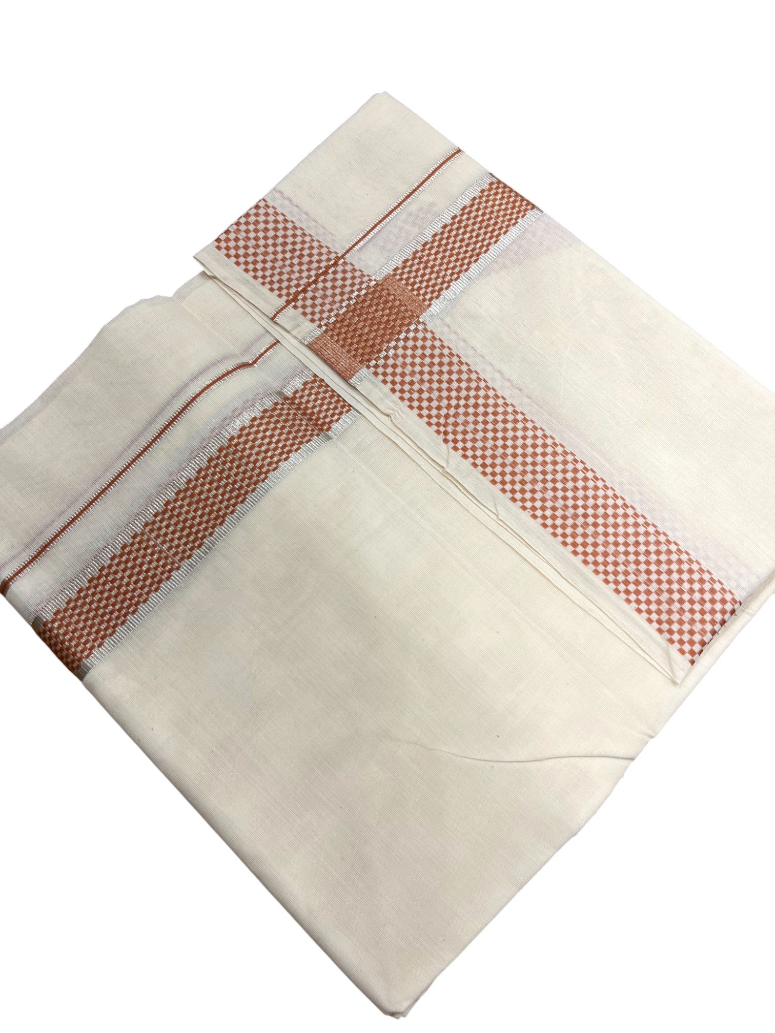 Southloom Kerala Pure Cotton Double Mundu with Silver Lines and Orange Border