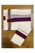 Kerala Cotton Mundum Neriyathum Single Set Mundu with Dark Violet and Kasavu Border