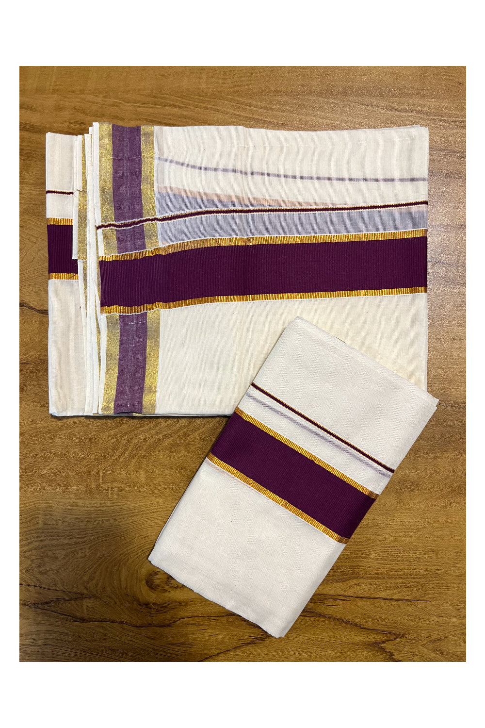 Kerala Cotton Mundum Neriyathum Single Set Mundu with Dark Violet and Kasavu Border