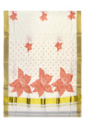 Southloom Exclusive Onam Kasavu Saree with Peach Floral Print (Blouse Included)