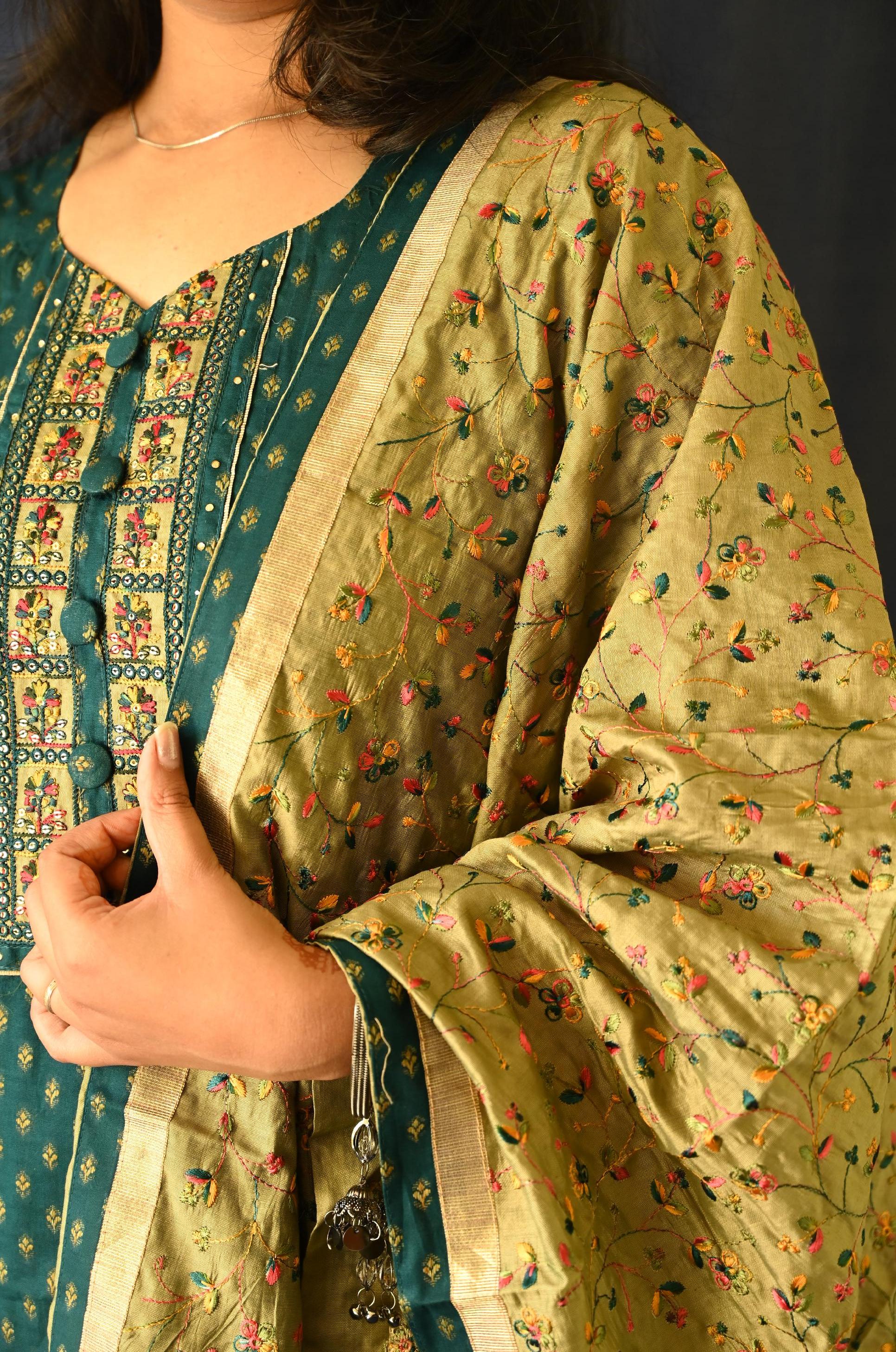 Classy Cotton Green kurta and Trousers with Dupatta set