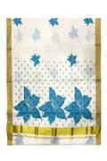Southloom Exclusive Onam Kasavu Saree with Blue Floral Print (Blouse Included)