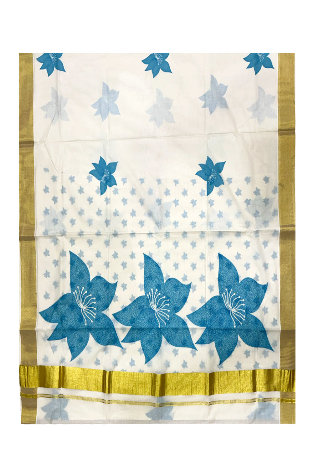 Southloom Exclusive Onam Kasavu Saree with Blue Floral Print (Blouse Included)