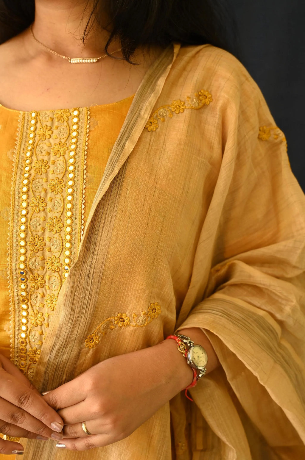 Yellow Embroidered Chanderi Kurti Set With Cotton Dupatta