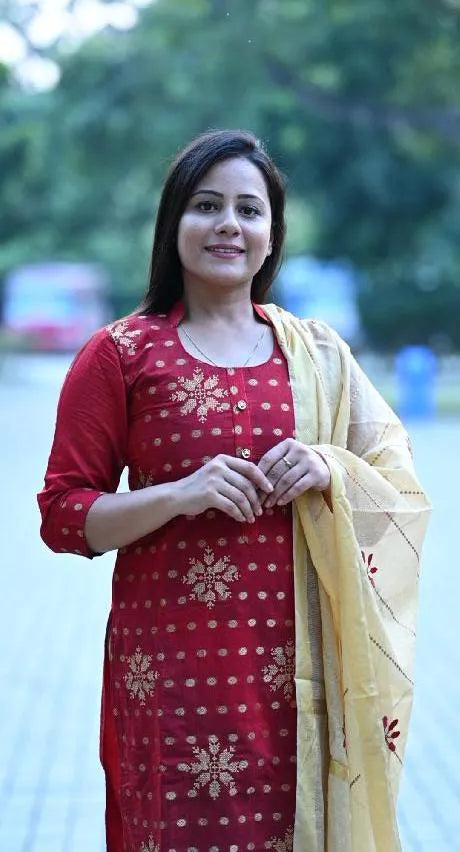 Pure Chanderi Kurti Set With Emborderd Cotton Dupatta