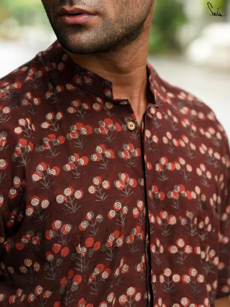 Maroon Cotton Half Sleeve Printed Shirt for Men