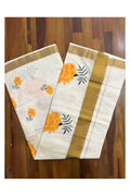 Pure Cotton Kerala Kasavu Saree with Floral Block Printed Designs