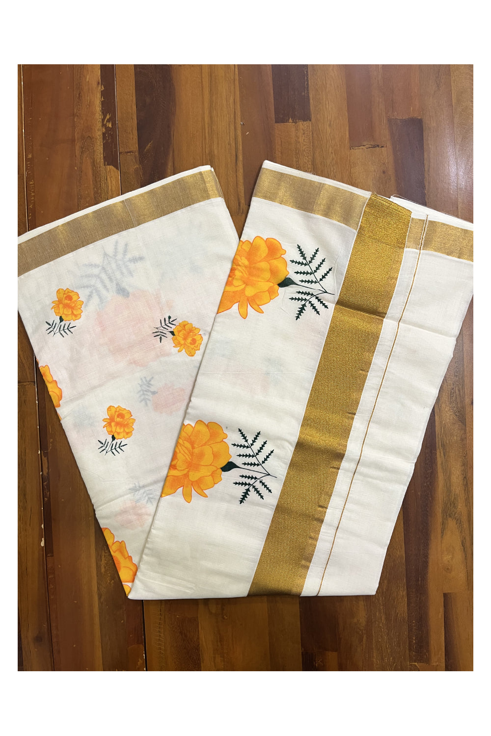 Pure Cotton Kerala Kasavu Saree with Floral Block Printed Designs