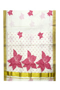 Southloom Exclusive Onam Kasavu Saree with Pink Floral Print (Blouse Included)