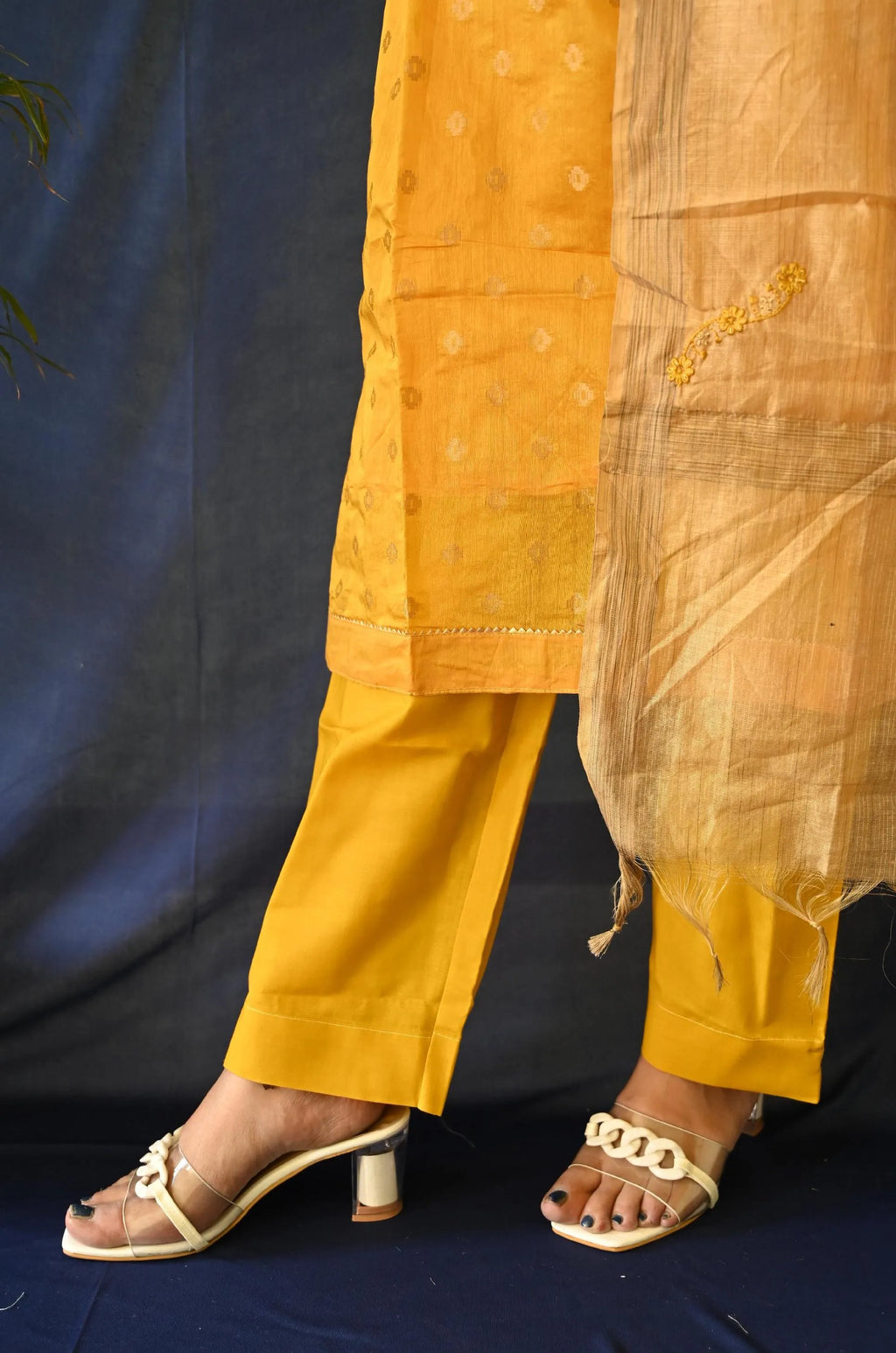Yellow Embroidered Chanderi Kurti Set With Cotton Dupatta
