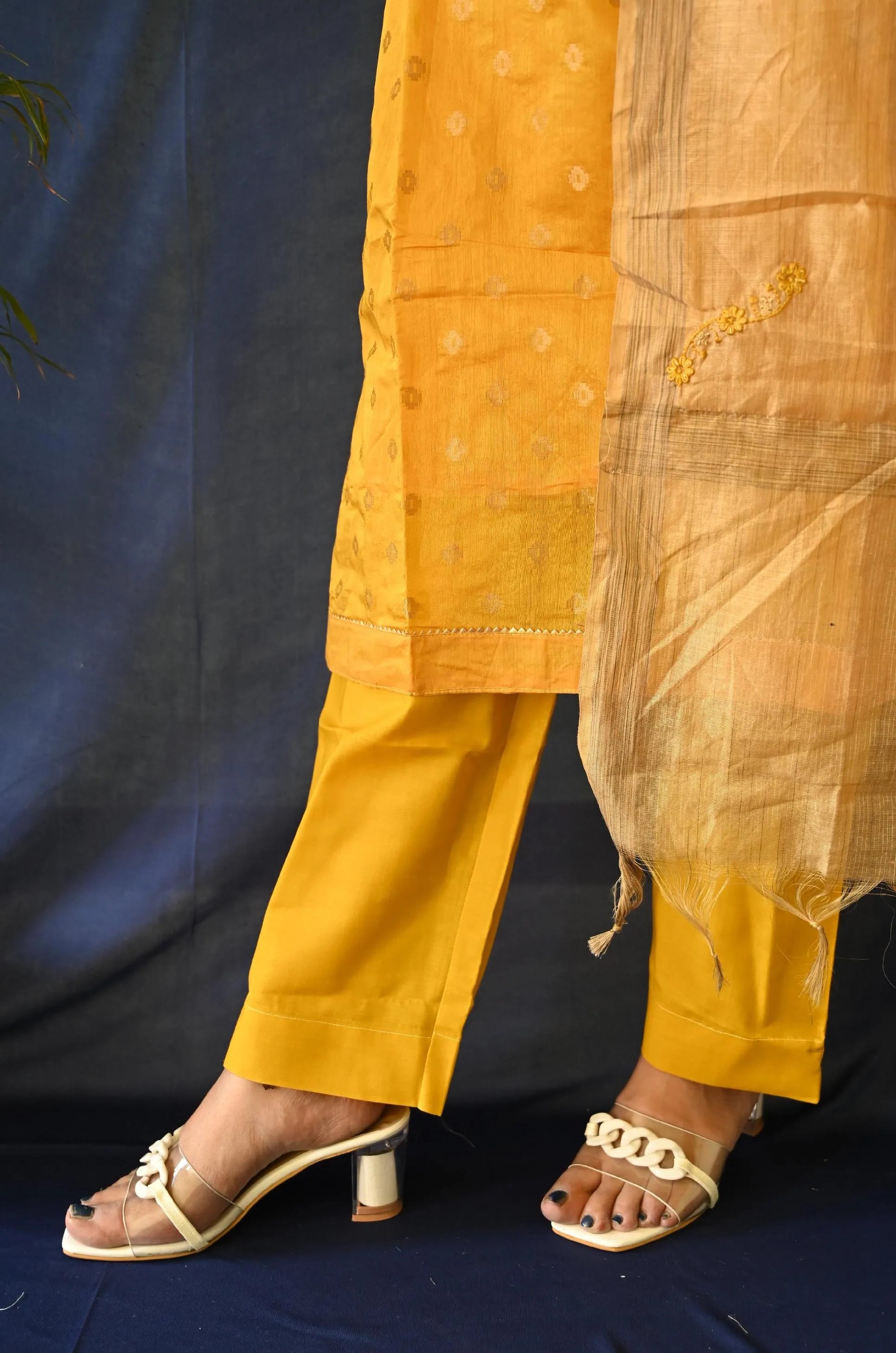 Yellow Embroidered Chanderi Kurti Set With Cotton Dupatta