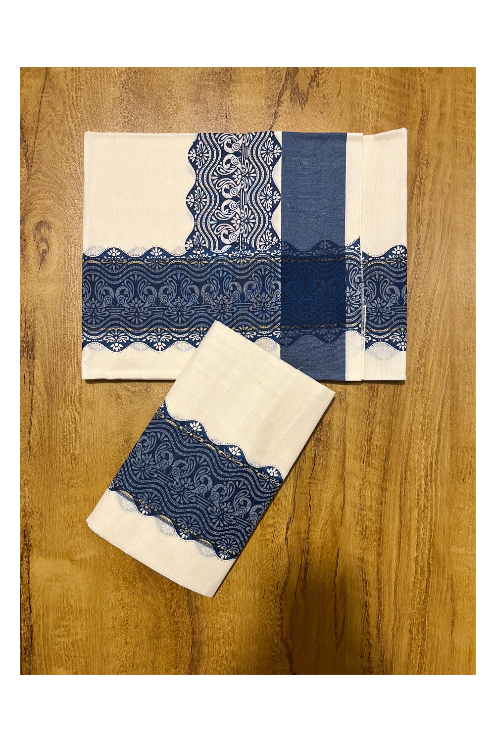 Kerala Cotton Single Set Mundu with Blue Block Print Border Style 3 (2.80 Mtrs)