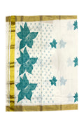 Southloom Exclusive Onam Kasavu Saree with Turquoise Floral Print (Blouse Included)