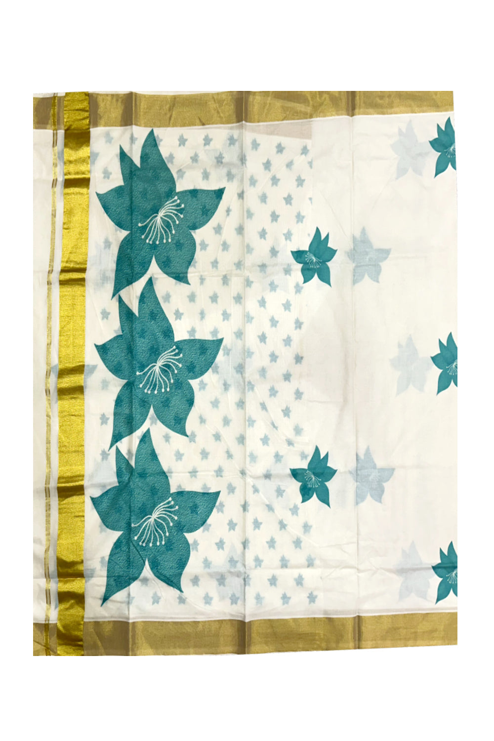 Southloom Exclusive Onam Kasavu Saree with Turquoise Floral Print (Blouse Included)